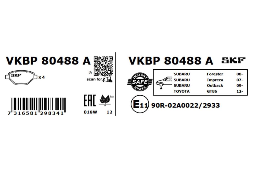 Jeu de 4 plaquettes de frein SKF ref. VKBP 80488 A